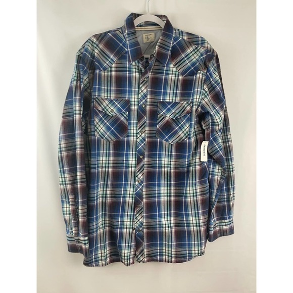 New Old Navy Mens XL Classic Fit Plaid Pearl Snap Shirt Top Long Sleeves Blue - Picture 3 of 8